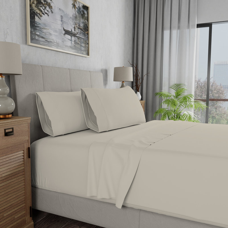 100% Cotton Lightweight Percale Weave Sheet Set, Full Sheet Set with 2 Pillowcases, Beige