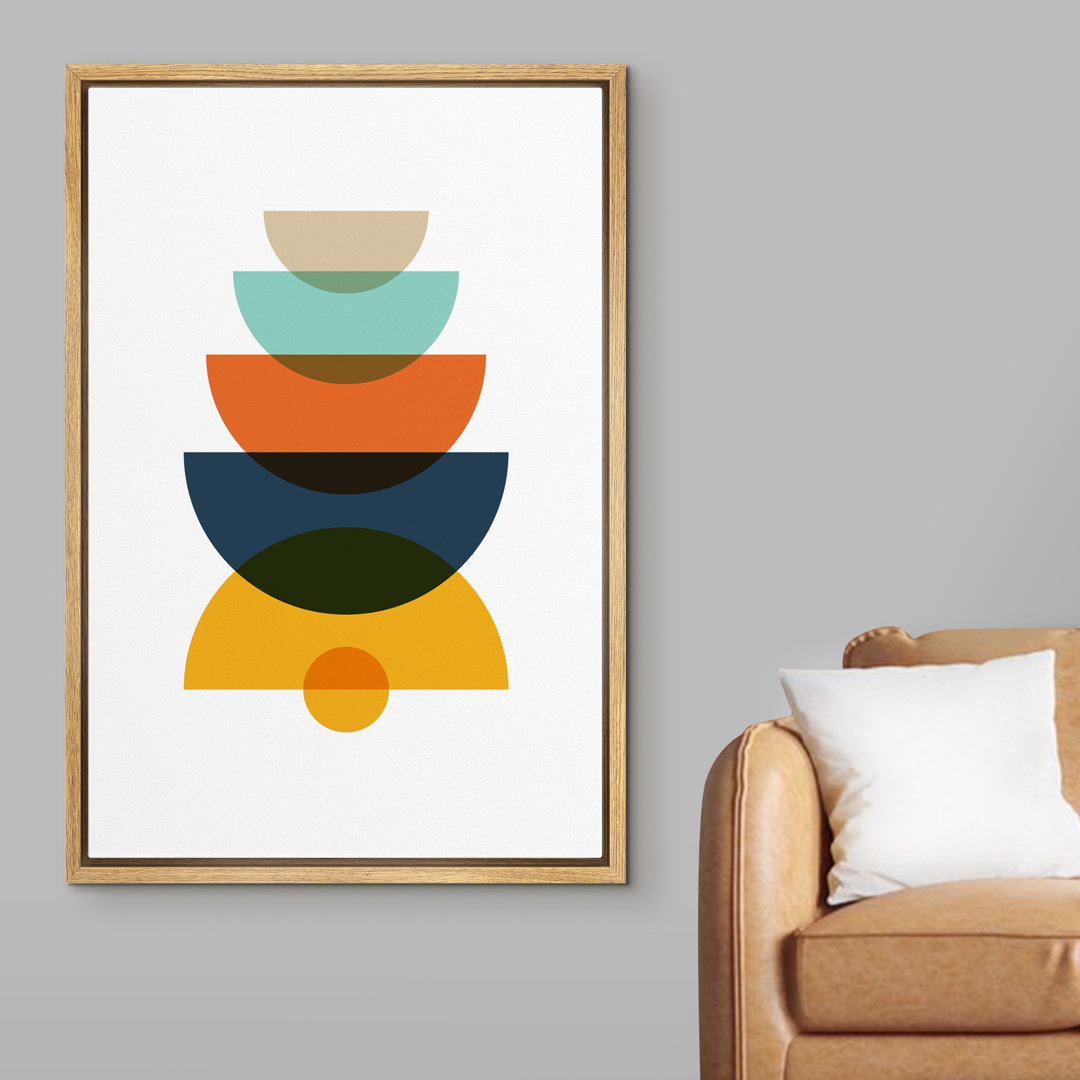 Mid Century Shape " Gray, Teal, Red, Blue & Yellow Semi Circles " IDEA4WALL Frame