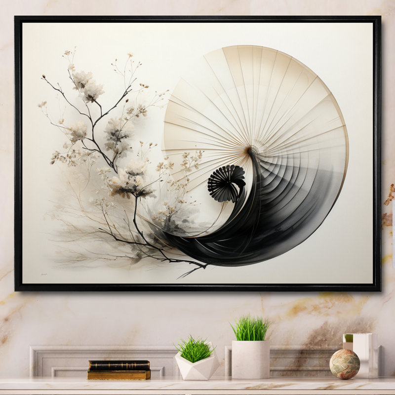 Asian Art Seashell Sumi VI, reproduction d'art sur toile, H 16 po x l 32 po x P 1 po, Cadre flottant noir