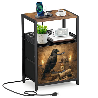 2 Fabric Drawers Night Stand with Charging Station Raven Perched Books Ink Bottle Ancient Manuscripts Bedroom Bedside Table End Table with Open Shelf USB Ports and Outlets