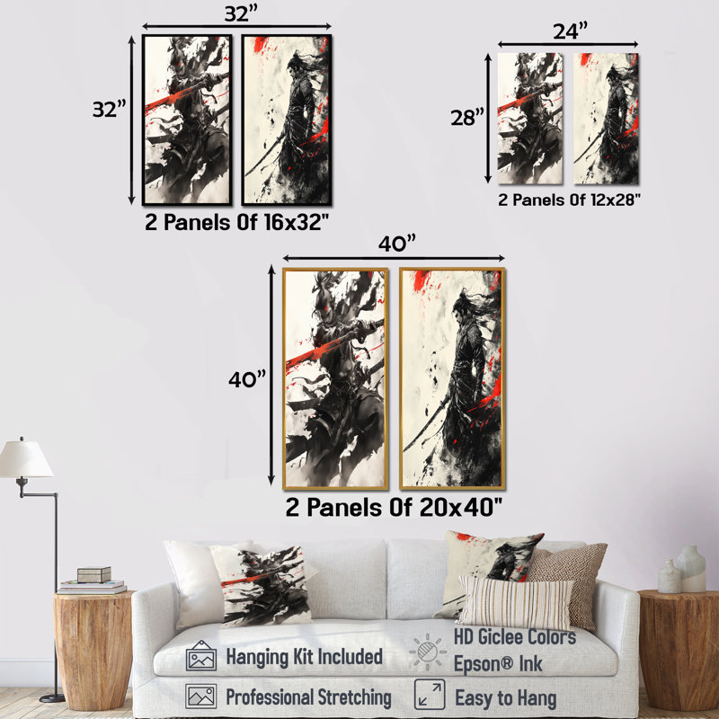 China Warrior dans les tons de noir et de rouge III - ensemble d'art mural Warrior China 2 pièces, H 28 po x l 24 po