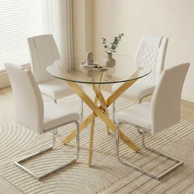 Ensemble de table de salle à manger ronde en verre pour 4 personnes, table de salle à manger en verre de 35,5 po avec pieds dorés, table de cuisine moderne pour la cuisine (table et chaises)