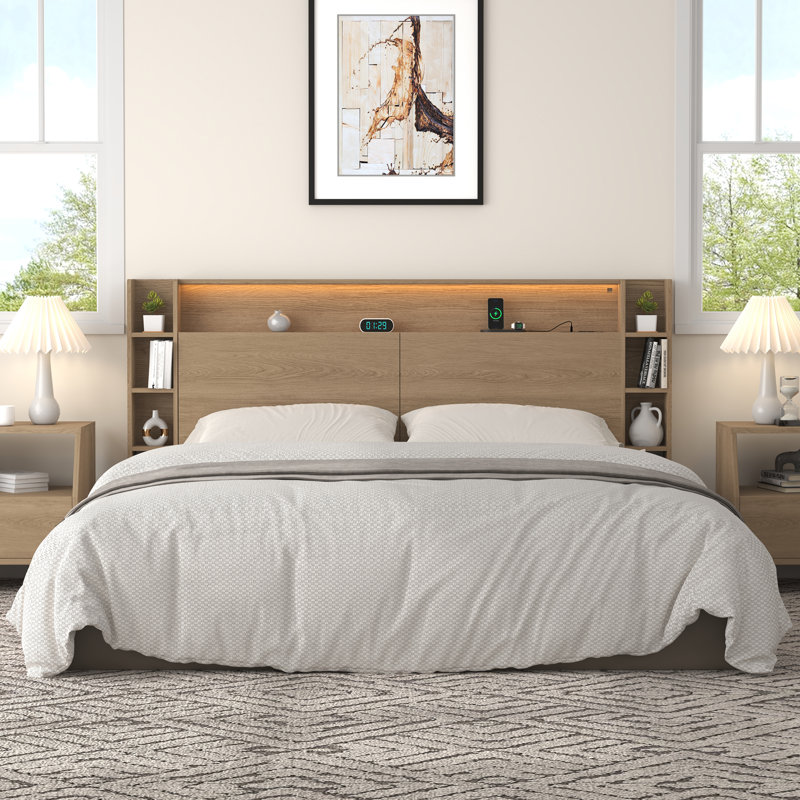 Queen Size Natural Headboard with Storage, LED RGB Lights, USB & AC Charging Ports, Bookcase Shelves, Hidden Storage, Baseboard Groove Design