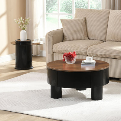 Ensemble de 2 tables basses rondes gigognes, table basse avec tiroir de rangement, table centrale en plastique pour le salon, grand: 27,56 po, petit: 19,69 po