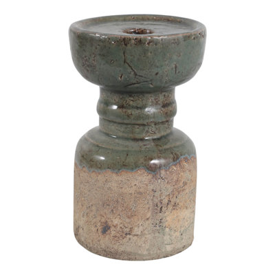 Traditional Crackle Ceramic Pillar Candle Holder for Home Tabletop Decor - Decorative Modern Candlestick Floor Accent for Living Room or Dining Styling