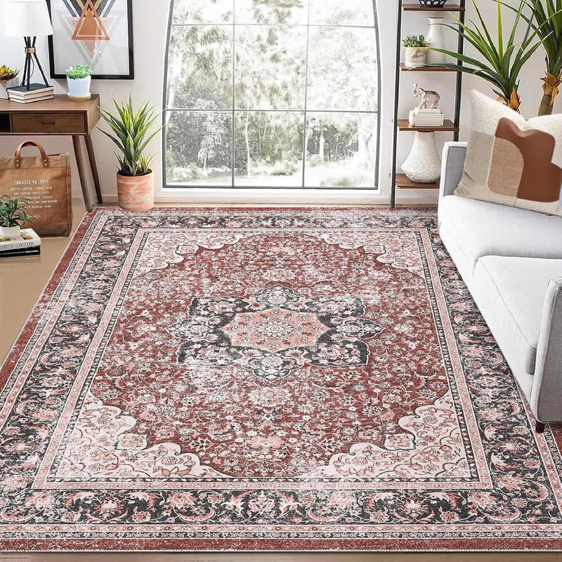 2x6 Vintage Floral Runner Rug – Washable, Non-Slip, Ultra-Thin Carpet for Entryway, Kitchen, Laundry (Rust)