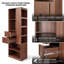 Grande armoire de rangement en noyer avec tablettes ouvertes et 2 tiroirs cannelés