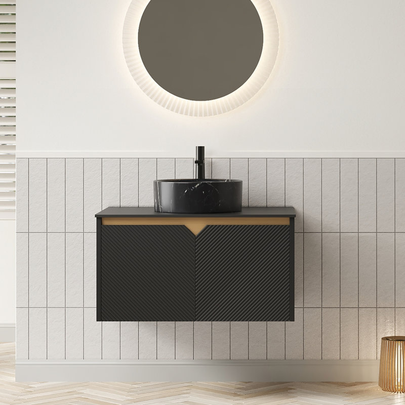 Meuble-lavabo de 30 po: vasque ronde en céramique noire, plateau en pierre frittée, portes d'armoire en bois massif sergé - Symmetry, système de fermeture en douceur, bassin de matériaux de qualité avec mécanisme de fermeture, facile à