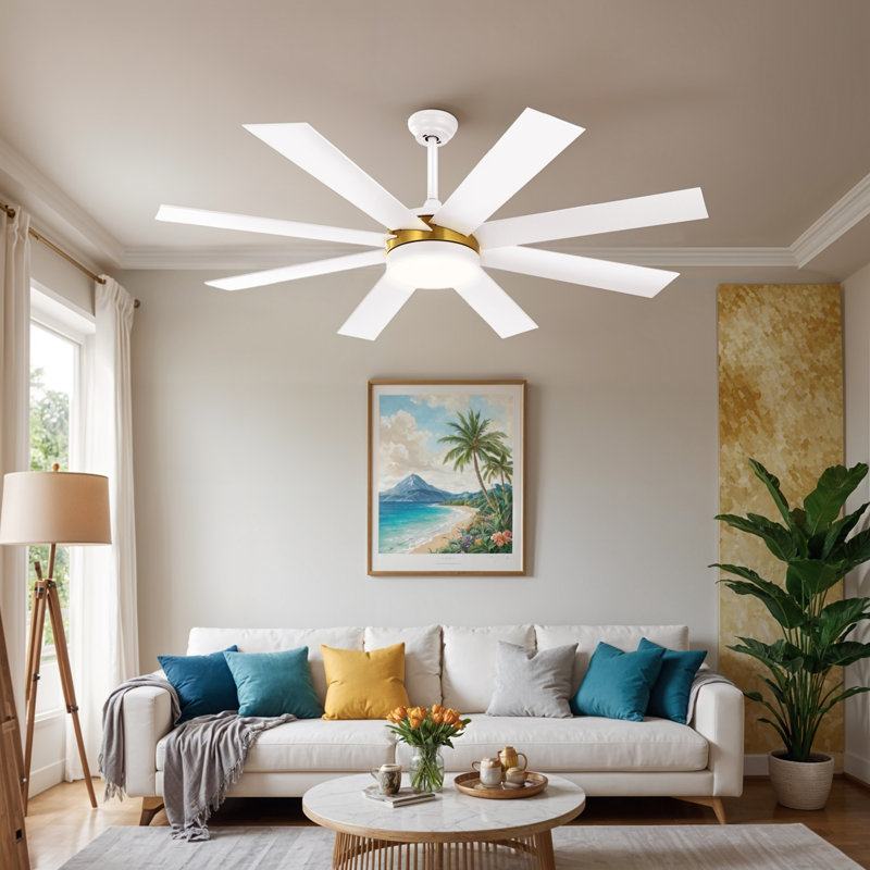 Ventilateur de plafond 60 po avec lumières DEL Chemane, Blanc, Or/blanc