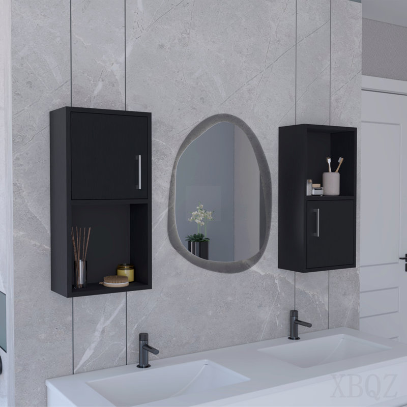 2-Pc Wall-Mounted Bathroom Medicine Cabinet With Open And Closed Storage, Black