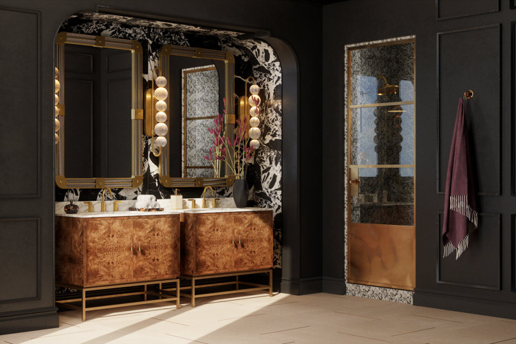 Bathroom with black color drenched walls a wood double sink vanity and a black and white marble detailing around the sink