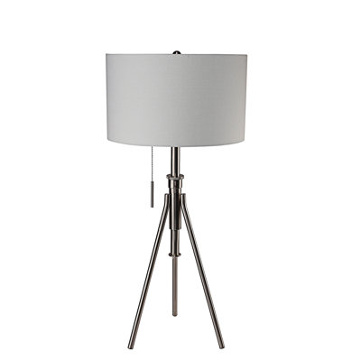 Lampe de table trépied réglable avec base en nickel brossé et abat-jour en tissu neutre