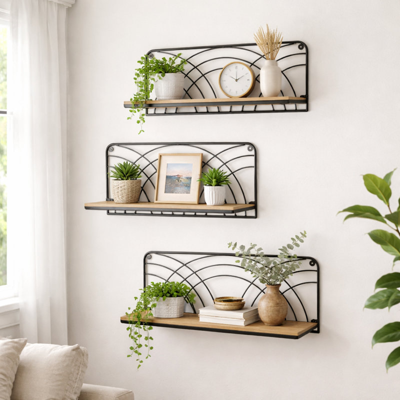 Decorative Metal and Wood Hanging Wall Storage for Home Decor - Modern Sculpture for Kitchen or Bedroom - Set of 3, 24", 21", 19", Brown & Black