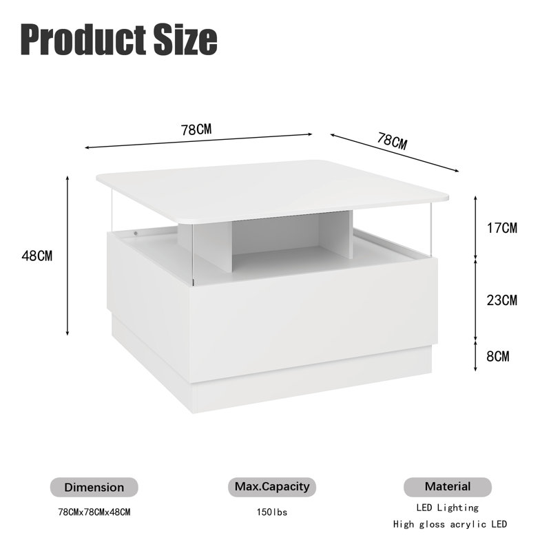 Alpena 78cm Square Coffee Table with RGB LED Lighting & Storage Drawers, White