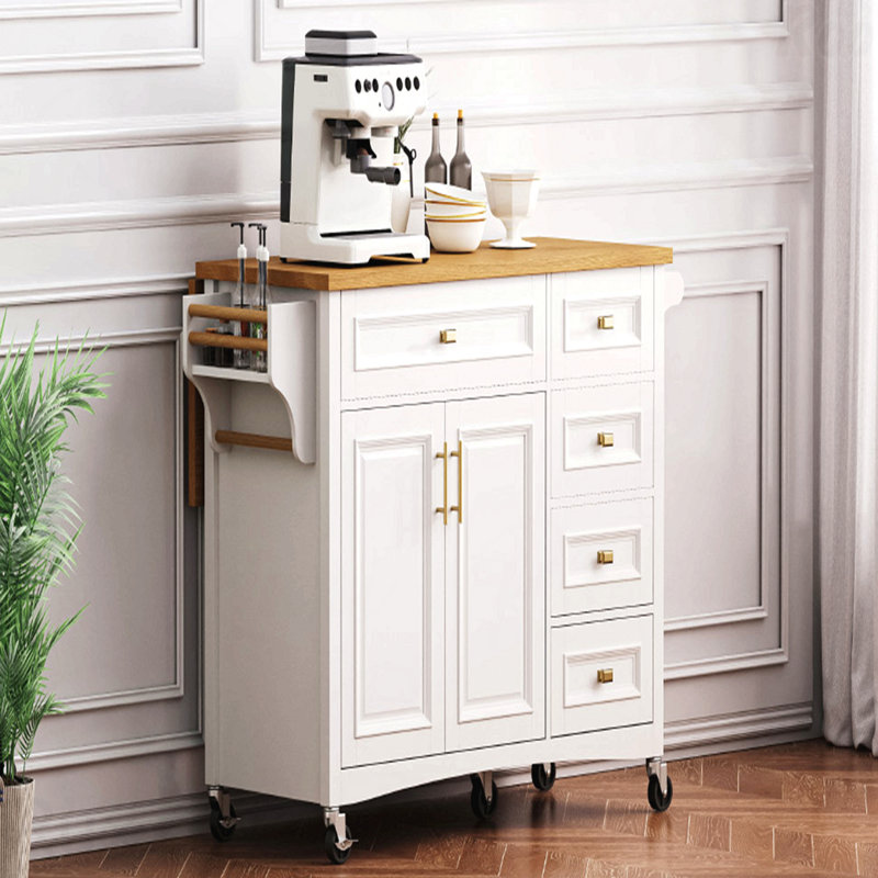 52'' Kitchen Island With Drop Leaf, Embossed Texture Kitchen Island On Wheels With Spice Rack, Towel Rack, 2 Doors And 5 Drawers, Kitchen Storage Cart With Adjustable Shelf For Kitchen