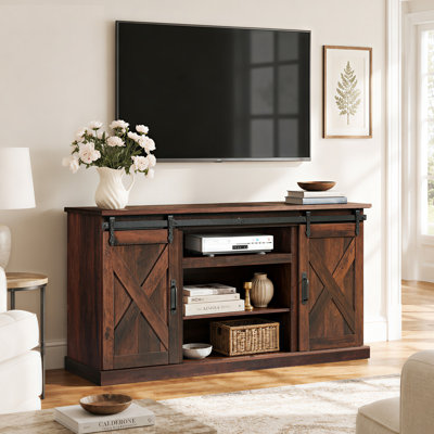 Meuble télé Farmhouse pour téléviseur de 65 po ou moins, meuble audio-vidéo moderne avec porte de grange coulissante en forme de X, console média avec grand meuble de rangement toutes saisons, salon