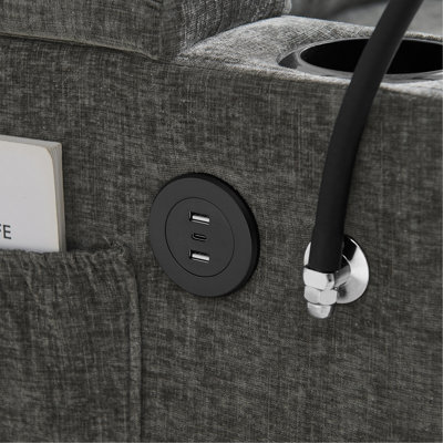 Fauteuil inclinable simple avec dossier réglable manuellement, port de charge USB sur le côté de l'accoudoir, support pour téléphone inclus, rangement des accoudoirs dissimulé et repose-pieds de rangement assorti - gris