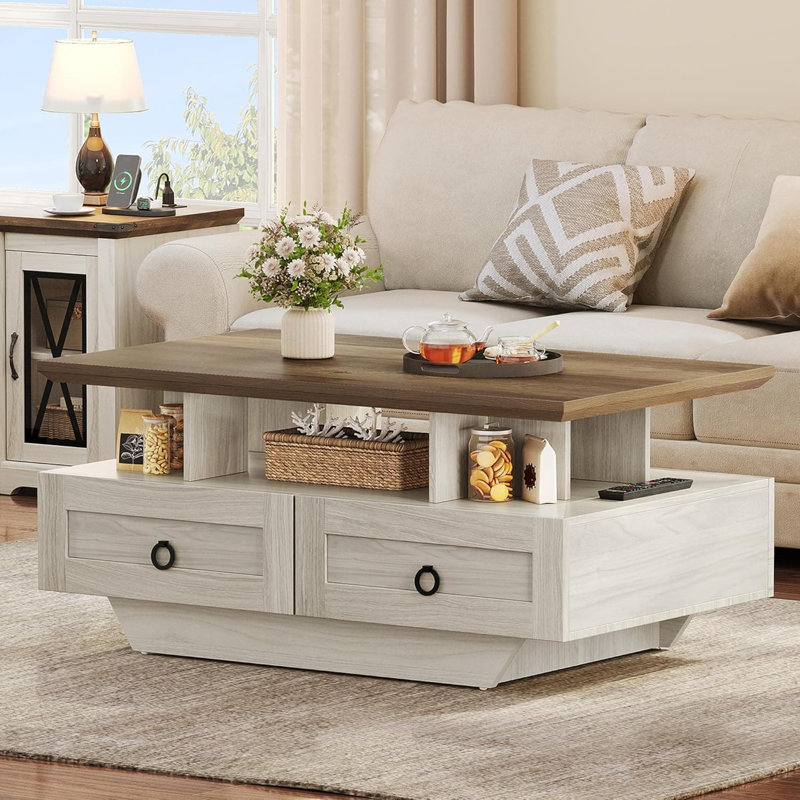Table basse Farmhouse à DEL avec tiroirs de rangement et éclairage multicolore, table de cocktail industrielle en bois avec tablette ouverte pour le salon