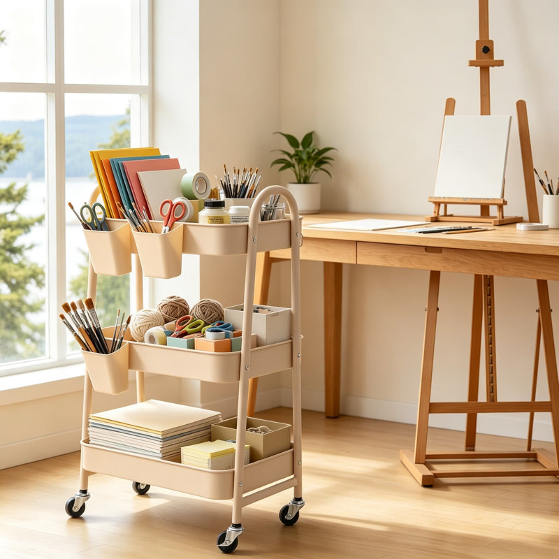 Chariot utilitaire à roulettes avec paniers tressés, organisateur de rangement mobile pour chambre d'enfant, cuisine, atelier de loisirs créatifs, salon, spa à domicile, salle de bain, structure en métal sur roulettes verrouillables, brun