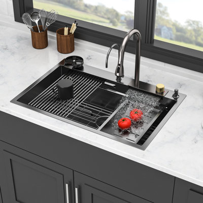 Évier de cuisine à simple cuve en acier inoxydable de calibre 16 en acier inoxydable de calibre 16 avec une cascade unique, robinet coulissant et grille de séchage de style 33X22 x 10 po T304, bronze industriel Gunmetal