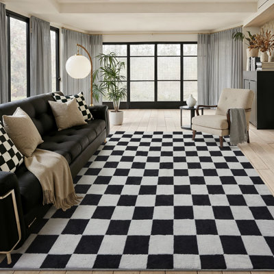 Tapis noir et blanc à damier en jacquard avec envers antidérapant