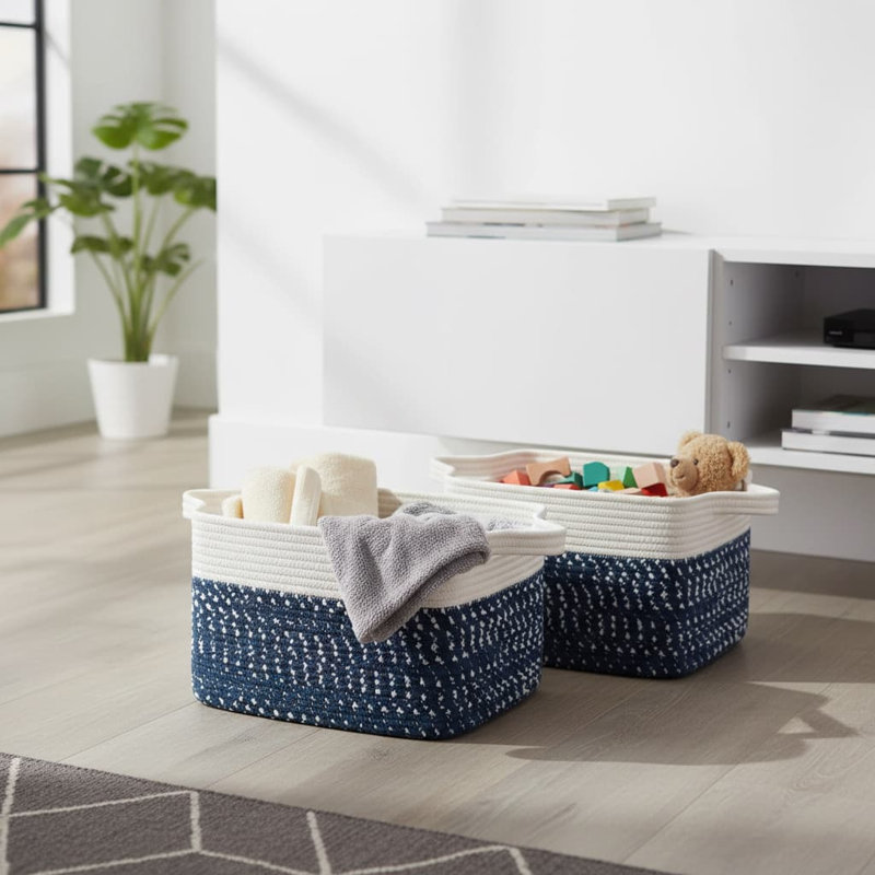 Highland Dunes Cotton Decorative Basket, White/Blue