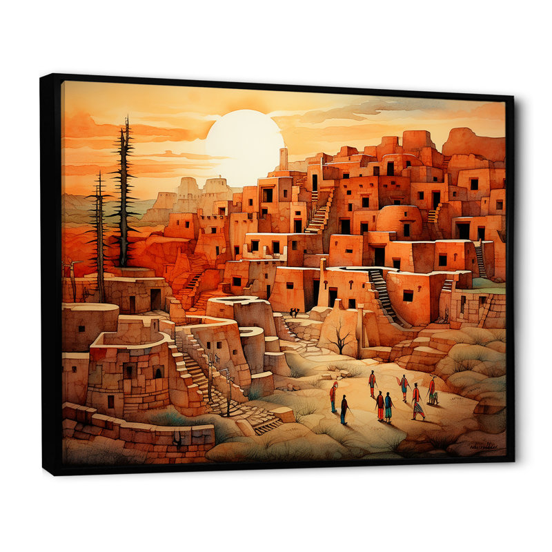 Native Glorious City Landscape - Native American Art, reproduction d'art encadrée, Cadre flottant noir