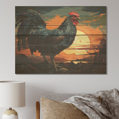 Sunset Roosters Farmyard II - Rooster Animal On Wood Print