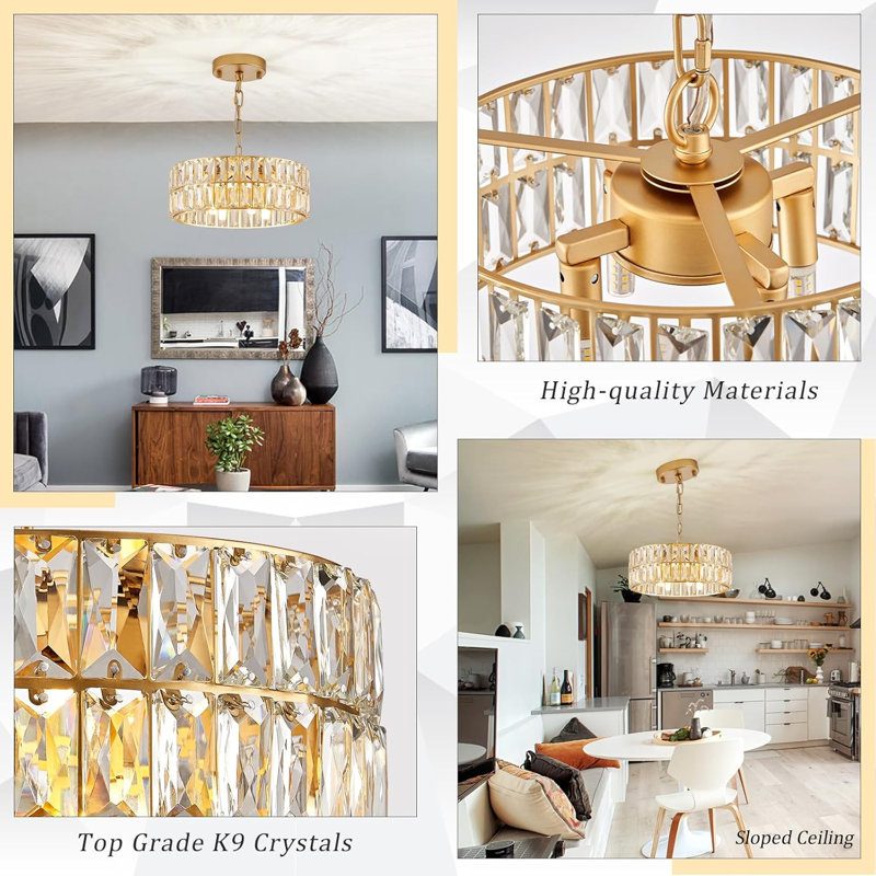 Lustre en cristal doré, lustre semi-encastré moderne 4 lumières