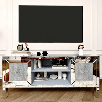 60" Mirrored TV Stand With Crushed Diamond Glass Doors - Modern Media Entertainment Center For Living Room, Adjustable Storage TV Console Table For 65-Inch TV