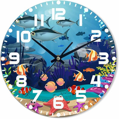 Ocean Wall Clock Battery Operated Underwater Life Fish Algae Coral Reef Shark Starfish Wall Clock Silent Non Ticking Quality Quartz 10 Inch Round Easy Clock To Read For Home Office