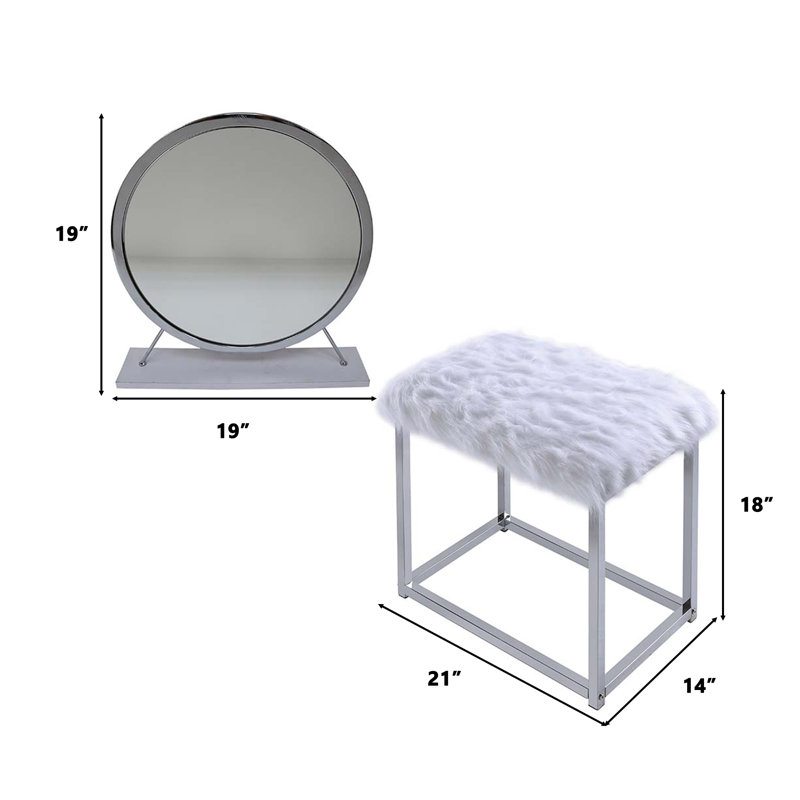 Tabouret de coiffeuse minimaliste moderne en fausse fourrure blanche avec structure en métal chromé et miroir rond haute définition