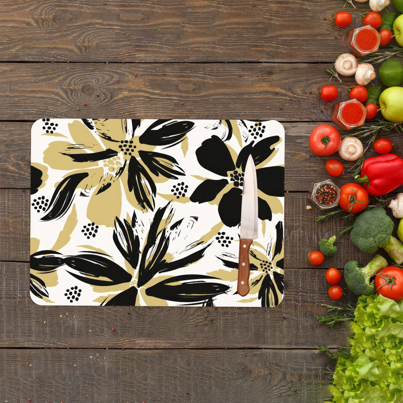Black Glass Serving Board with Floral Pattern for Modern Kitchen Decor, 7.9" x 11.8"