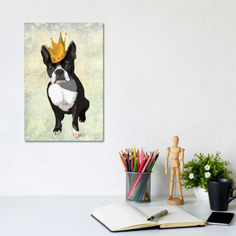 Boston Terrier & Crown by Fab Funky - Wrapped Canvas Print, 20.32 cm H x 30.48 cm W