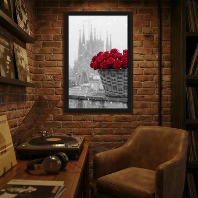 Plants & Flowers Red Roses In Basket Snowy Cathedral Background