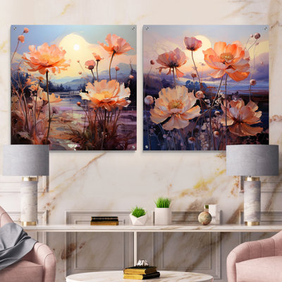 Glass Floral On Mountain Scenery - Flowers Acrylic Wall Art Glass Set Of 2