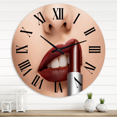 Woman Applying Red Lipstick On Lips - Modern wall clock