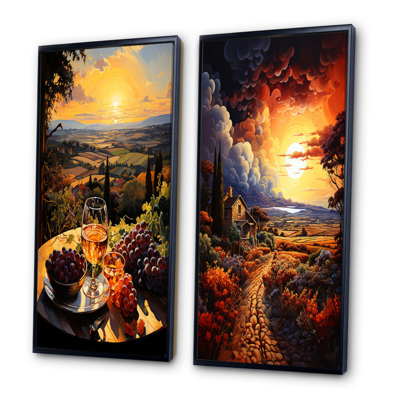 «French Vineyard Symphony Pointillism» «French Vineyard Symphony Pointillism» 2 - pièces sur, Cadre noir, H 40 po x l 40 po