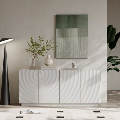 Rangement moderne à 4 portes en bois de pin blanc, largeur 59 po, conception sculpturale 3D, pour buffet de salle à manger, porte, bois, eau, autoportant