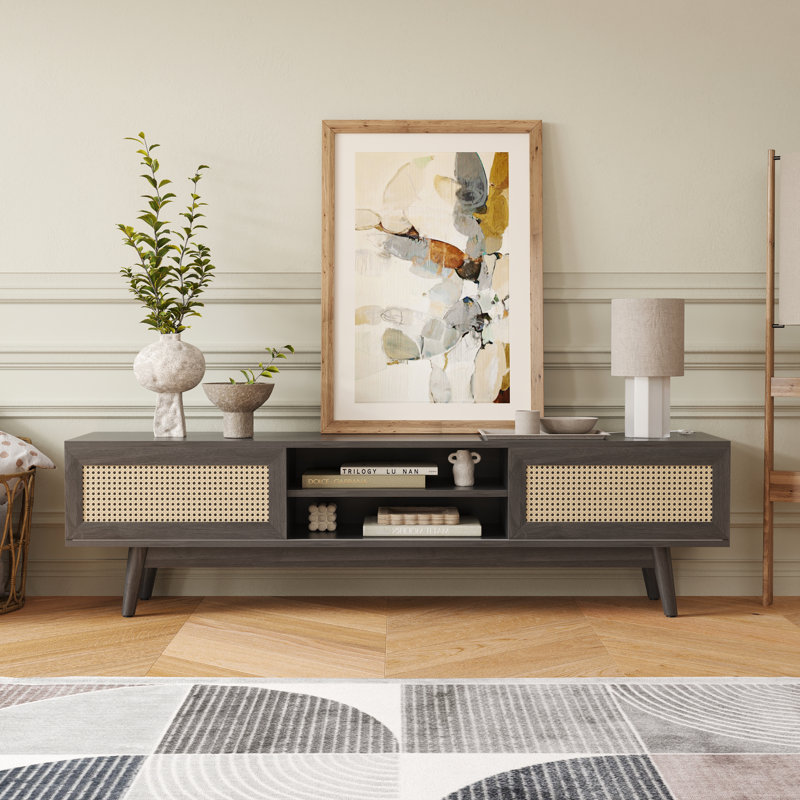Mid Century Modern Tv Stand With Sliding Doors, Oak, 60"