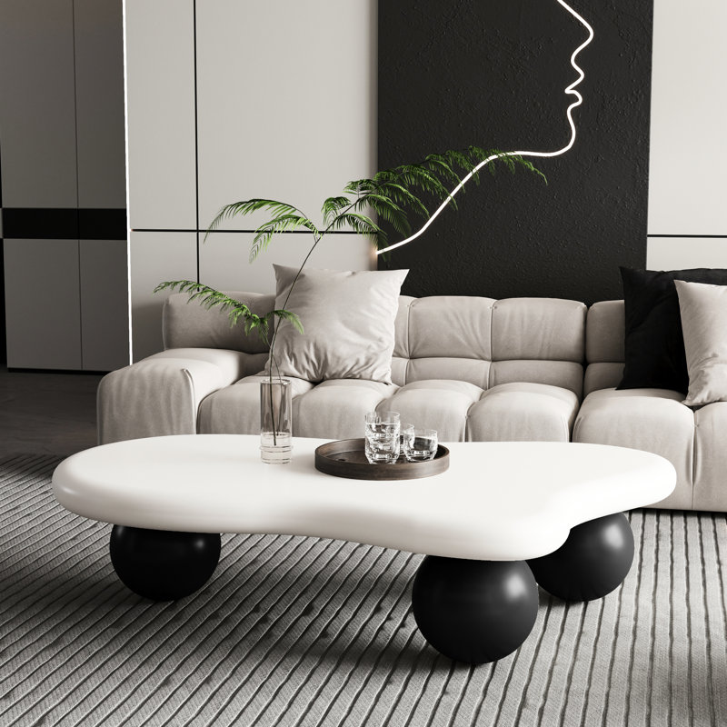 Coffee Table, 47 Inch Cloud Design With 3 Legs, Black Top White Smooth Finish, Safe For Shaped Legs Stability, - And Pet Structure