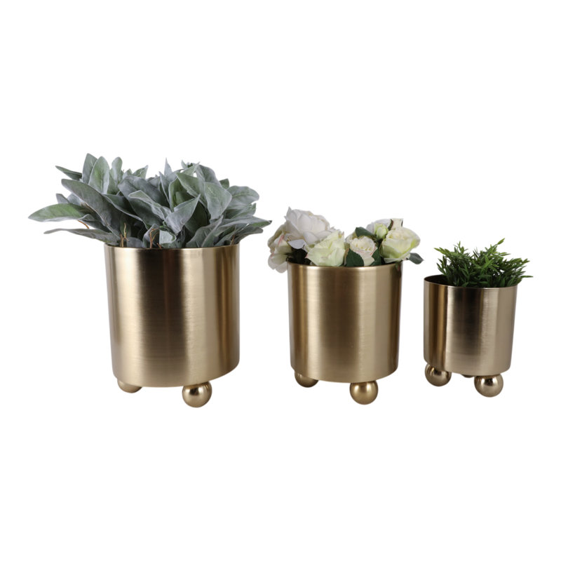 Modern Metal Planters With Spherical Legs And Sleek Dual-Tone Design, Decorative Accent Containers - Set Of 3, Gold