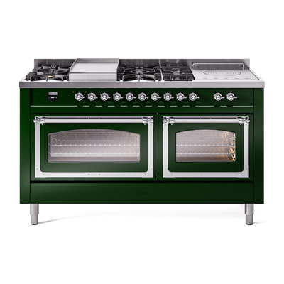 Cuisinière ILVE Nostalgie II Série 60 po à double combustible avec 7 brûleurs scellés, plaque de cuisson, table française (gaz naturel, porte vitrée)