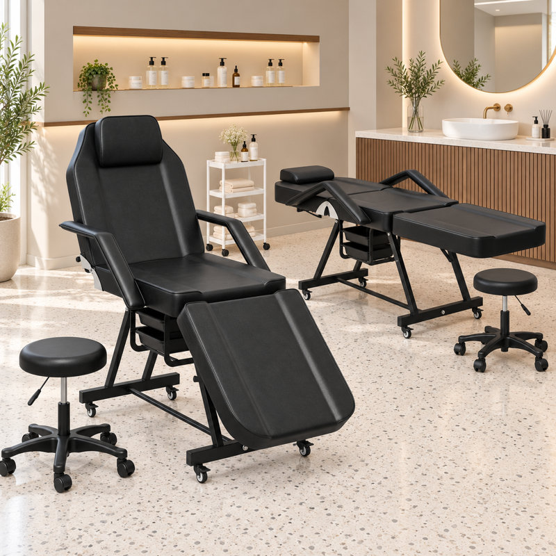 Ensemble de fauteuil inclinable réglable pour salon de tatouage, spa et soins du visage avec 2 plateaux - Noir, Noir