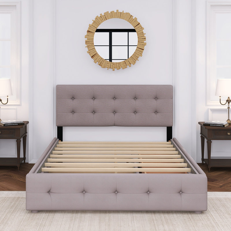 Grand lit plateforme tapissier avec 2 tiroirs et 1 lit gigogne simple TG, Gris clair