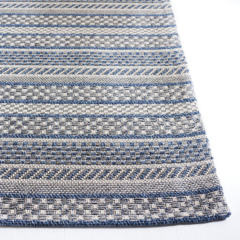 Navy and Light Grey Striped Wool Cotton 5' x 7' Rug