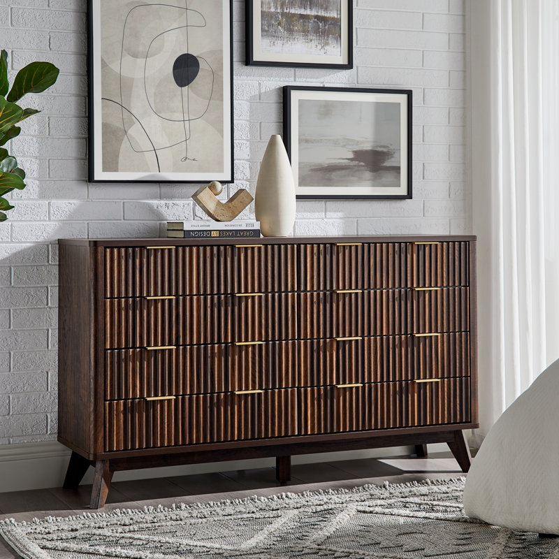 8-drawer Fluted Dresser With Faux Marble Top & Triple-room Storage, Dark Walnut