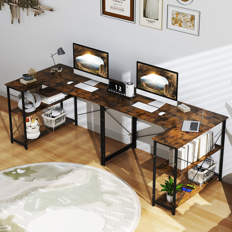 L-Shaped Metal Base Computer Desk, Brown