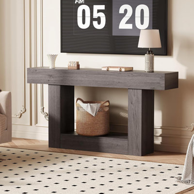  Console moderne 63 po avec prise de courant, panneau d'entrée en panneau de fibres à densité moyenne gris, canapé étroit pour le salon, le couloir et le bureau personnel - l 63 po x P 13,8 po x H 33,5 po
