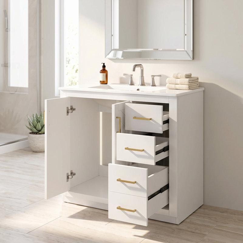 Ensemble de meuble-lavabo en bois massif 30 po + panneau de fibres à densité moyenne avec lavabo en céramique avec 3 tiroirs et portes à fermeture douce